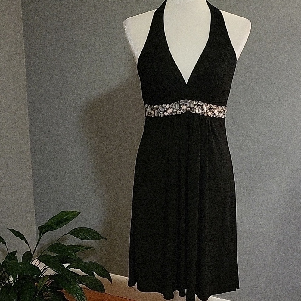 Speechless Black Halter Dress with Embellished Waist Padded Bra -Size M